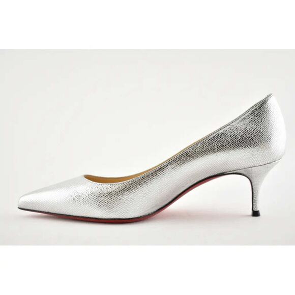 Christian Louboutin Kate 55 Silver Calf Lame Tweed Kitten Low Heel Pump Shoe 37 - Picture 6 of 9